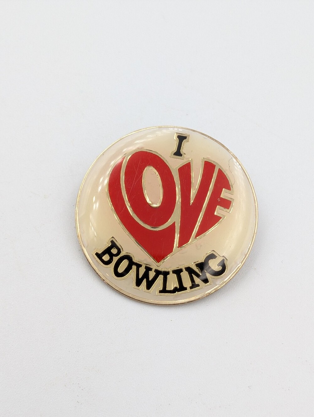 Vintage gold tone enamel I Love Bowling round brooch pin